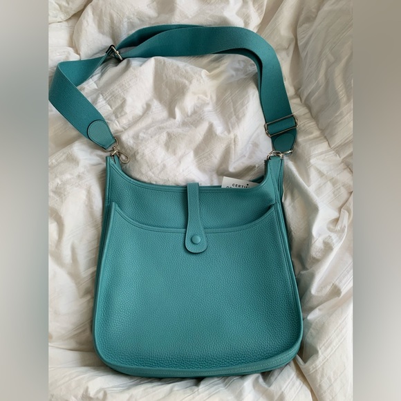 Authentic Hermes Evelyne Blue Atoll BAG Crossbody Strap GM Clemence Leather - Picture 2 of 16